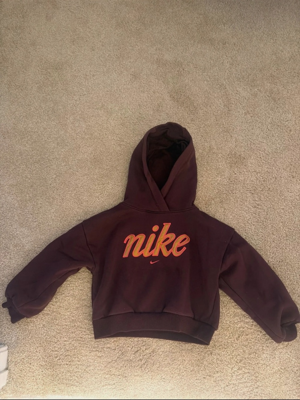 Nike Kids' Burgundy Hoodie with Orange Logo